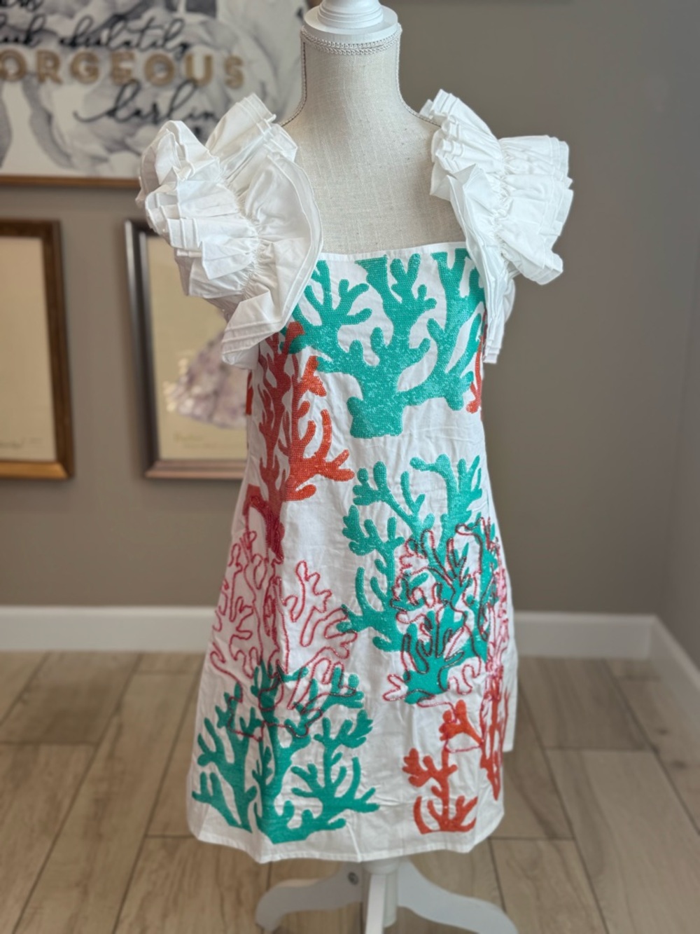 New! QUEEN OF SPARKLES White Ruffle Sleeve Dress with Sequin Coral Reef